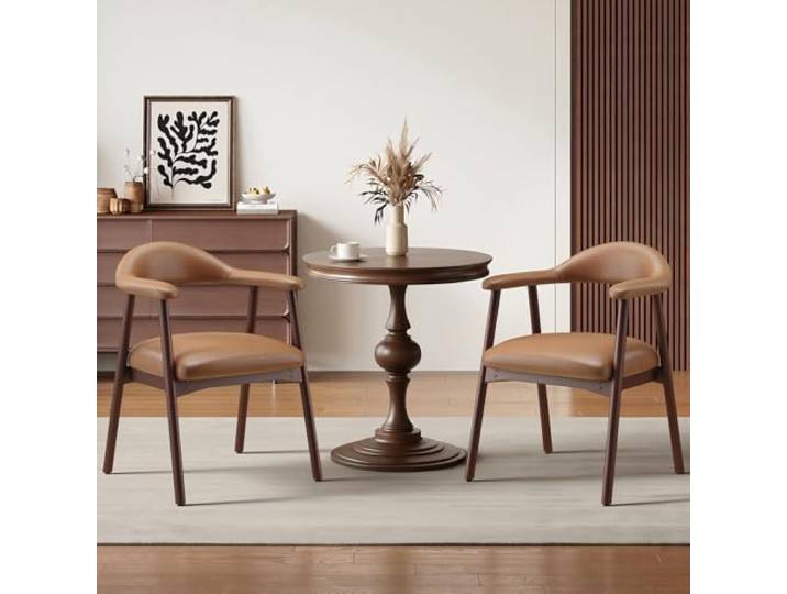 MALOL 2er Set Ledersessel Esszimmerstühle, gepolsterte Esszimmerstühle mit gebogener Rückenlehne und Holzbeinen, Mid-Century-Modern Küchenstühle für Küche und Esszimmer, Braun
