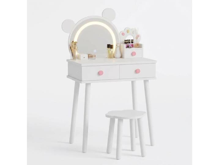 Coiffeuse enfant - LUNSY - Design ours et fleurs - Miroir en forme d'ours - Tabouret en forme de fleur