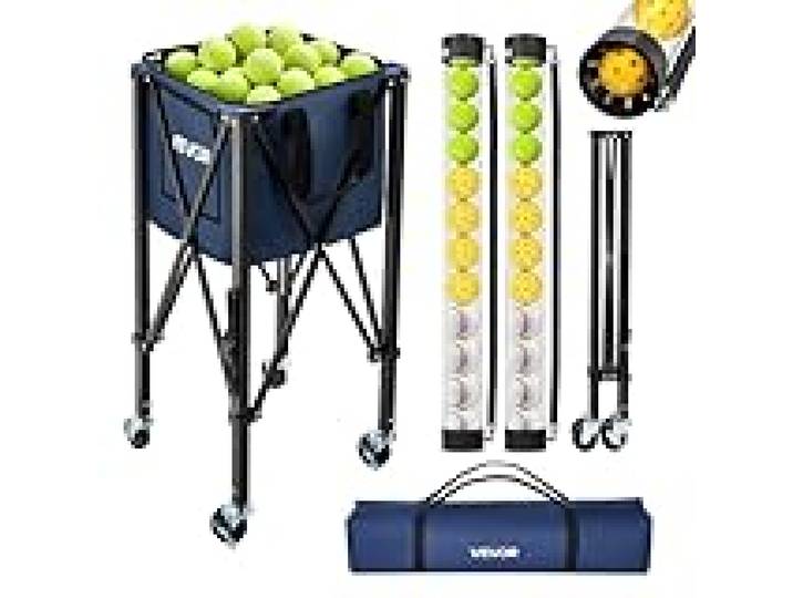 VEVOR Panier à Balles de Tennis et Pickleball 2-en-1 avec roulettes, Capacité de 150 Balles de Tennis ou 260 Pickleballs, Chariot Pliable avec Tube de Ramassage, Panier Portable pour Entraînement