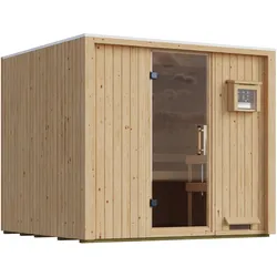 Karibu Design Saunahaus Uppsala Blackline - 68 mm Aktionssauna naturbelassen Ohne Terrasse 9 kW Ofen inkl. Steuergerät (finnisch)
