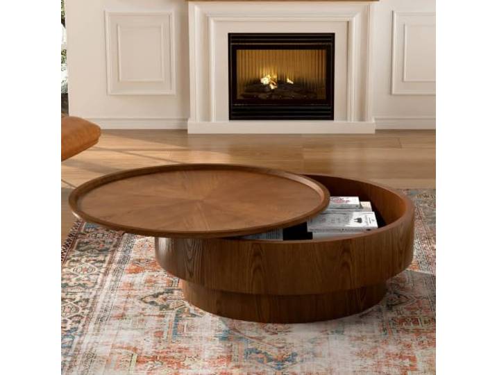 Runder Couchtisch Mit Stauraum Moderner Holztisch 100 Cm Rustikaler Runder Beistelltisch Luxuriöser Walnuss-Couchtisch Für Wohnzimmer Wohnung Und Kleine Räume