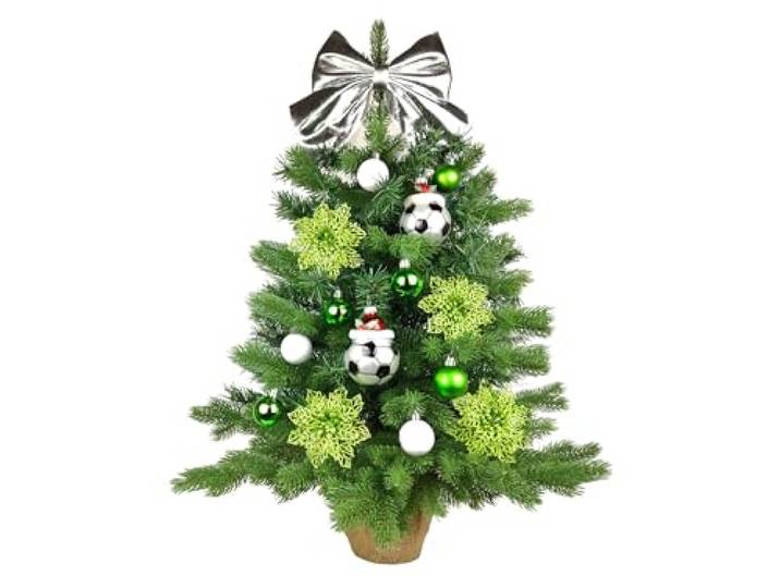LAALU Künstlicher Weihnachtsbaum 60 cm mit LED-Beleuchtung – TORJUBEL – mit 37 Weihnachtsbaumschmuck – Pflanztopf mit Jutesack
