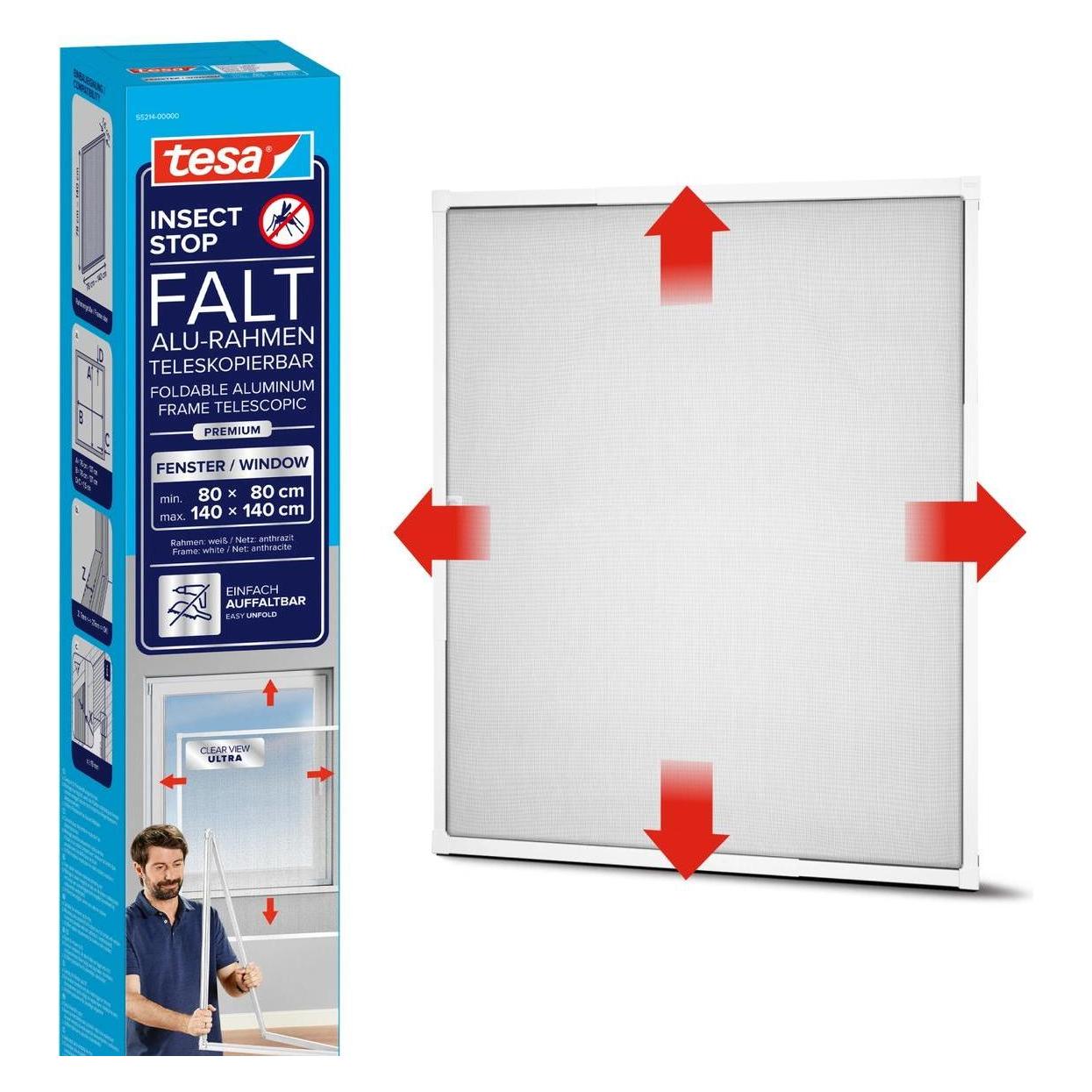 tesa FALT Insektenschutz für Fenster, grössenverstellbarer Alu-Rahmen, faltbar (140 x 140 cm) (55214-00000-00)