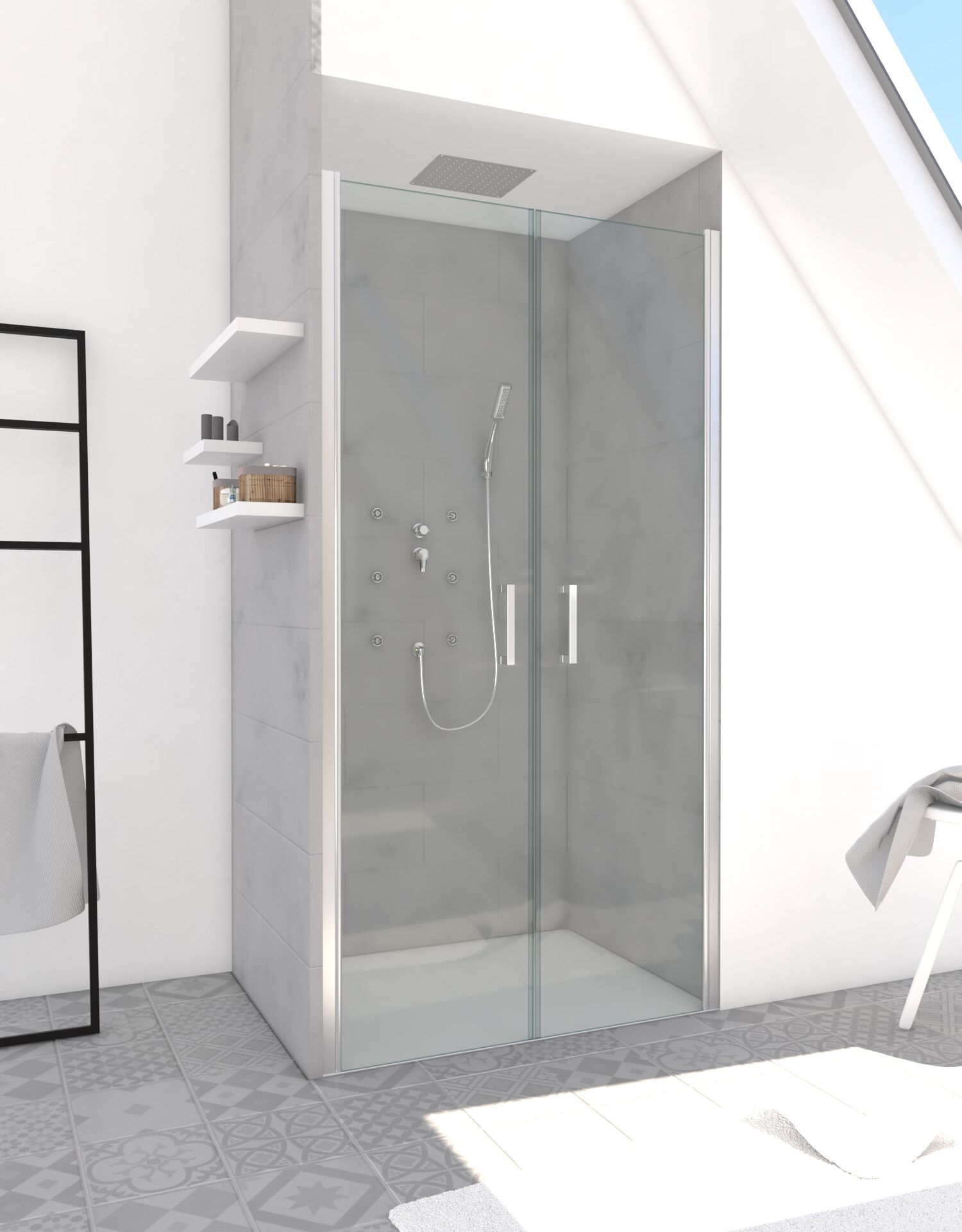 Dusch-Schwingtür MARWELL "Saloon", silberfarben, B:90cm H:200cm, Duschtüren, Dusch-Schwingtür, justierbares Wandprofil, hochwertige Aluminiumprofile