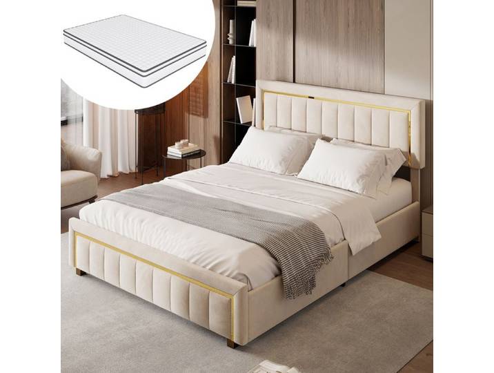 Lit coffre - LUMINARIX - Luminarix - Velours beige - 140x190 cm - Design contemporain