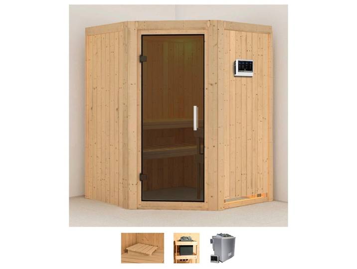 Sauna KARIBU Larin , beige (naturbelassen), Bio-Kombiofen, externe Steuerung, 9 kW, Saunen, Sauna, Ofen 9 kW Bio externe Strg easy