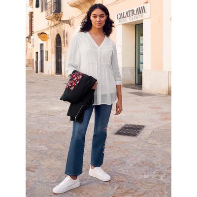 Crepebluse SHEEGO BY JOE BROWNS, Damen, Gr. 50, weiß, 100% Viskose, Spitze:100% Baumwolle, unifarben, V-Ausschnitt, Blusen