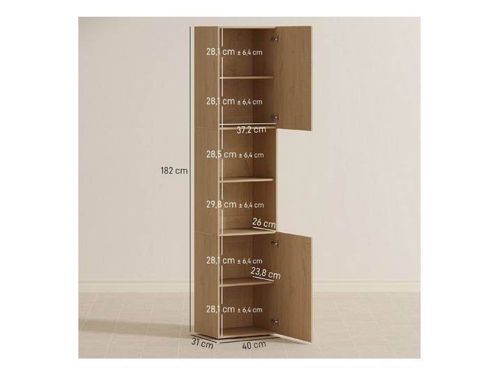 MC Star Hochschrank Hoher Badezimmerschrank, 6 Ebenen, 2 Schränke, 2 offene Regale (offene Fächer, Holz, Eichenfarben)