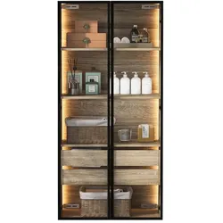 Merax Hochschrank 74x36x155 cm, Aufbewahrungsschrank mit LED-Lichtleiste, Milchglastüren, 2 Schubladen, Vitrine & Badschrank, Naturholzfarbe