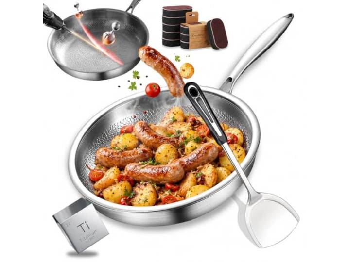 Pealeaf Titan Pfanne, Titan Pfanne Unbeschichtet mit Deckel, Kratzfeste Titanium Pro Bratpfanne für Induktion und Alle Herdarten, Ofenfest (32CM,Ohne Deckel)