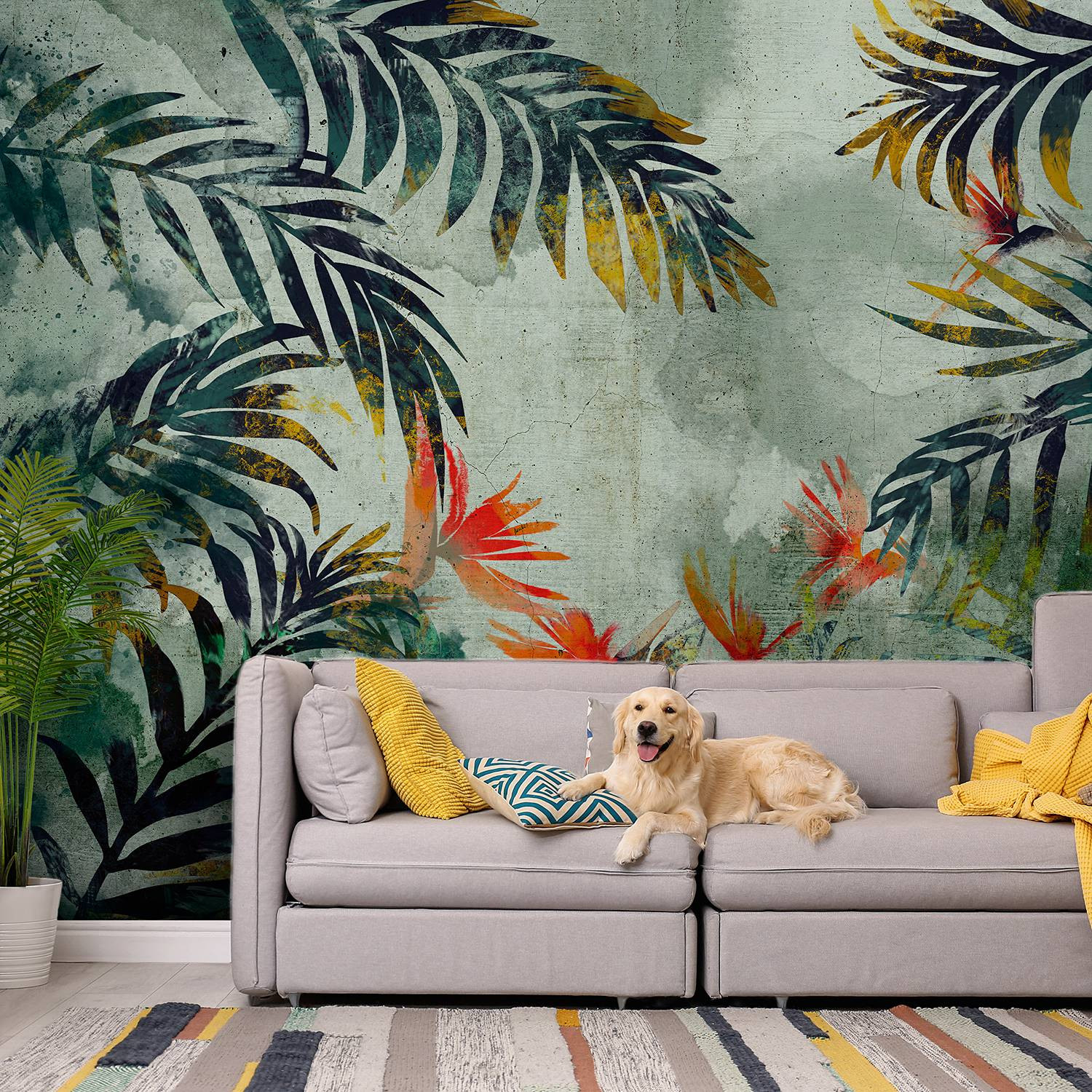 home24 Vlies-fotobehang Jungle Flowers, Multicolour/Groen, 450 cm