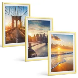 BILDER SET 3er Set - 40x60 cm Goldrahmen - Brücken, Sonnenuntergänge, Stadt