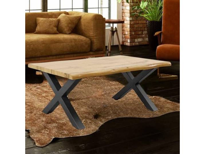 LEBENSwohnART Ausziehbarer Esstisch Oakland 180-220cm Wildeiche-Design Baumkante schwarzes X-Metallgestell