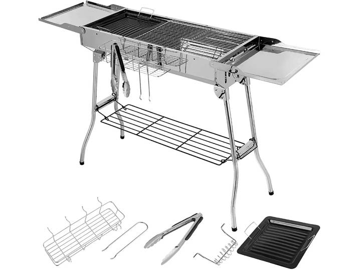 Gril à charbon de bois en acier inoxydable, barbecue de Camping Portable avec Double ailes pliantes, poêle antiadhésive, Ventilation réglable