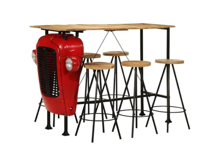 Xolmizyn 7-tlg. Bar-Set Mango-Holz, Industriell Traktor-Design, Rot Massives Material, Mit Stahlgestell, Einzigartige Holzmaserung