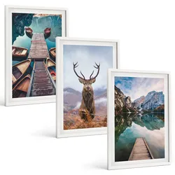 BILDER SET 3er Set - 40x60 cm Weißer Rahmen - Seeboote Hirsche Berge