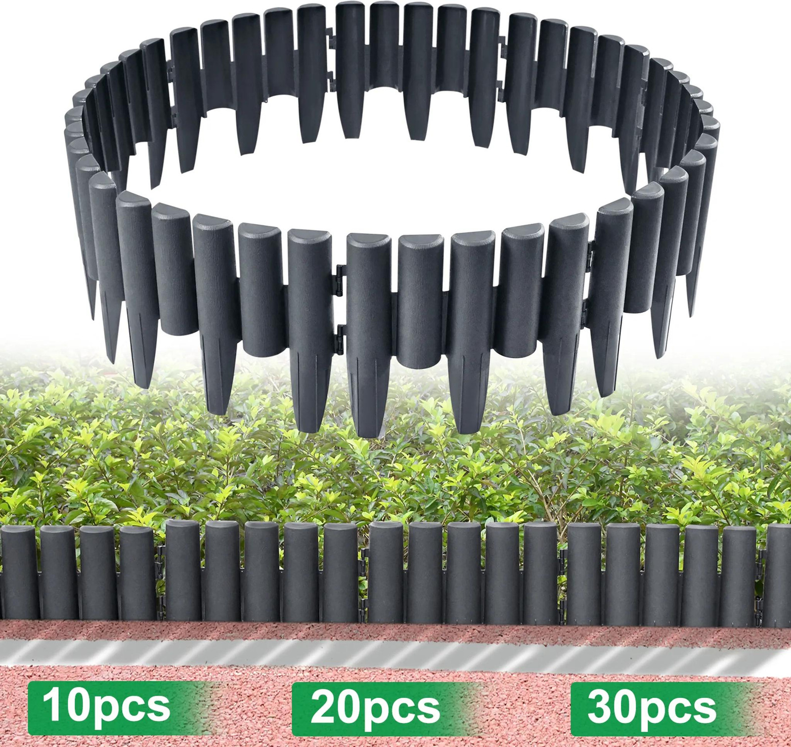 XMTECH 10 stuks randsten voor borders, plastic palissaden met houtlook, tuinhek voor bloembedden, antraciet, 2,8 meter