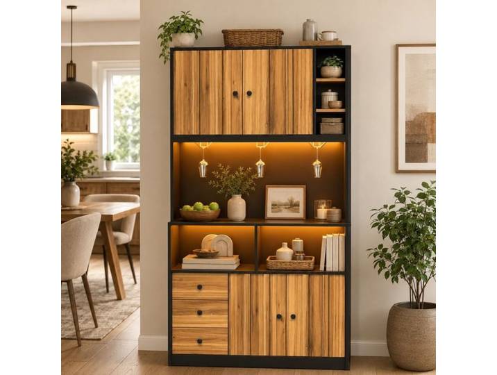 Buffet de Cuisine - COZHYESS - Vaisselier Armoire de Cuisine Buffet Salon Rangement Étagères Réglables - 4 Placards - 3 Tiroirs
