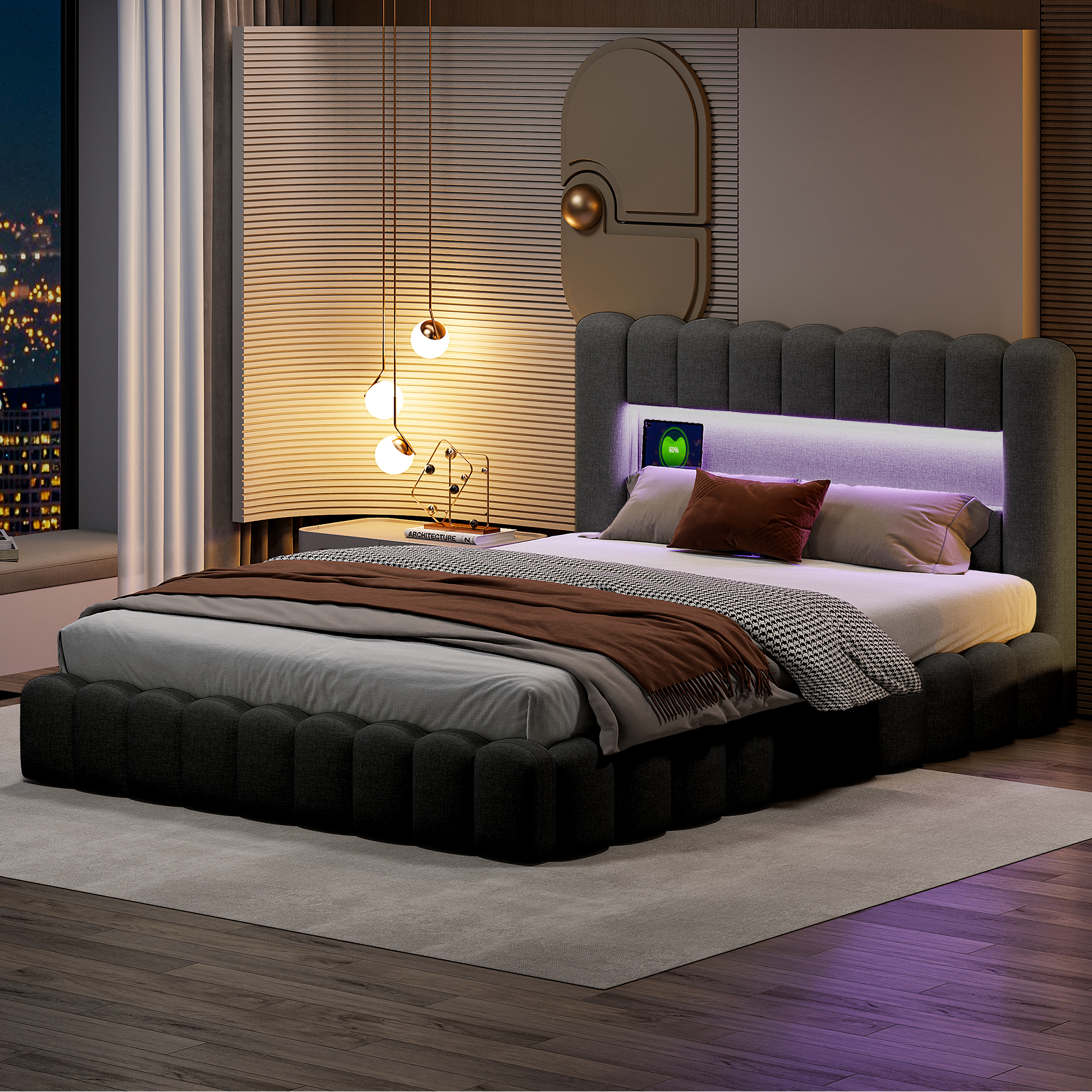 Moonbite Bettkasten 180x200 cm Gepolstert LED Stauraum USB - Robuster Alltag, 180er Breite