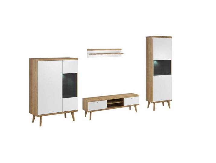 Sepro Meble Möbelwand Weiß Drimo Skandinavischer Stil LED Beleuchtung, Mehrfarbig, 300x197x40 cm, Wohnzimmer, Raumteiler, Raumtrenner