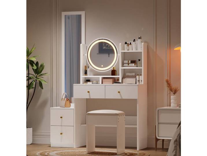 Coiffeuse 4-en-1 avec miroir LED 3 couleurs miroir plein pied tabouret rembourré 4 tiroirs blanc