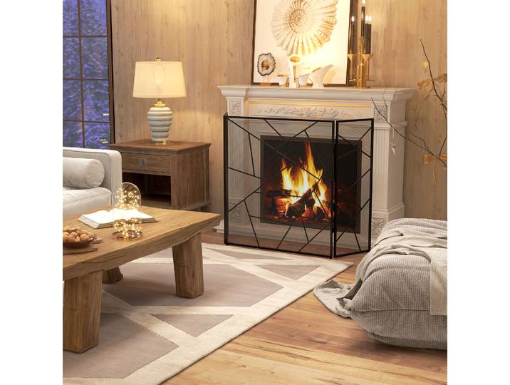 HOMCOM Pare-Feu Cheminée Pliable 3 Panneaux Acier Noir