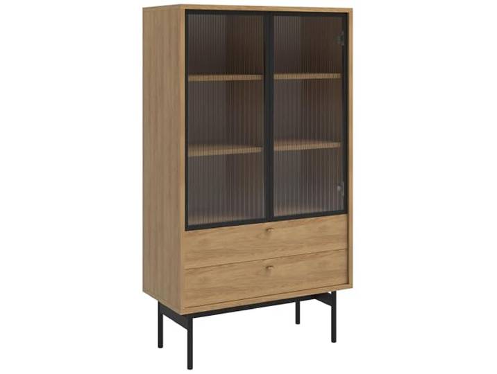 Selsey Vitrine Glas Vitrinenschrank Glasvitrine Wohnzimmer Glastür Niedrig 85 cm 2 Schubladen 3 Fächer Hickoryholz Natur Olar