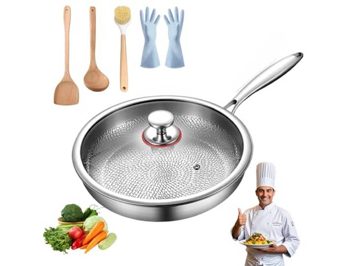 Knubbuf Kovali Titan Bratpfanne, Titanpfanne Hammered Pan Pro mit Deckel 26/28/30 cm, Titan Pfanne Unbeschichtet Wabenpfanne für Alle Herdarten Geeignet (30cm)