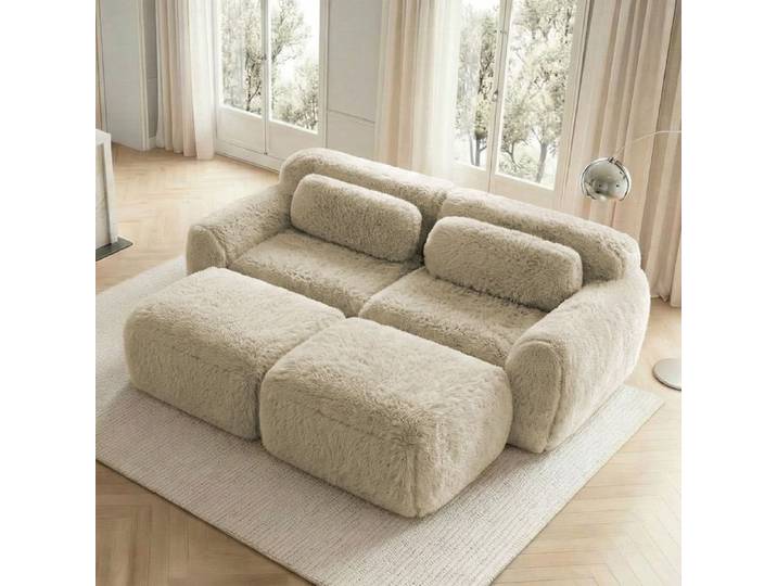 Canapé convertible - Canapé Cloud - 2 places + 2 ottomans - Tissu peluche kaki clair - Design modulaire