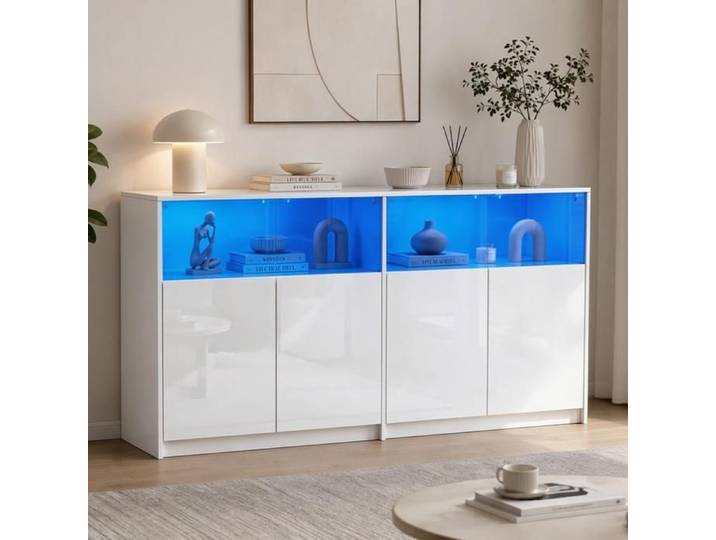 Buffet de salon FUFU&GAGA avec 4 portes mi-vitrées Buffet moderne à l'éclairage LED 150x40x80 blanc brillant