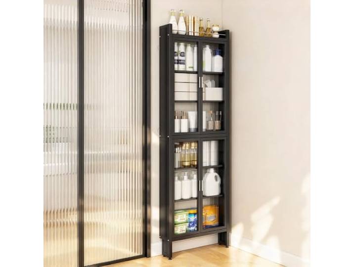 Schmales Regal hinter der Tür, Stabiler Metall Schrank für Küche Bad Robuster Karbonstahl, Höhenverstellbar, Platzsparendes Design, Kratzfeste Lackierung(BLACK-D)