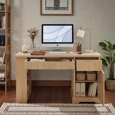 Fundinbaths 55 Inch Modern Fluted Office Desk with Storage Cabinet and Drawers, Computer Desk with Power Outlet Pegboard