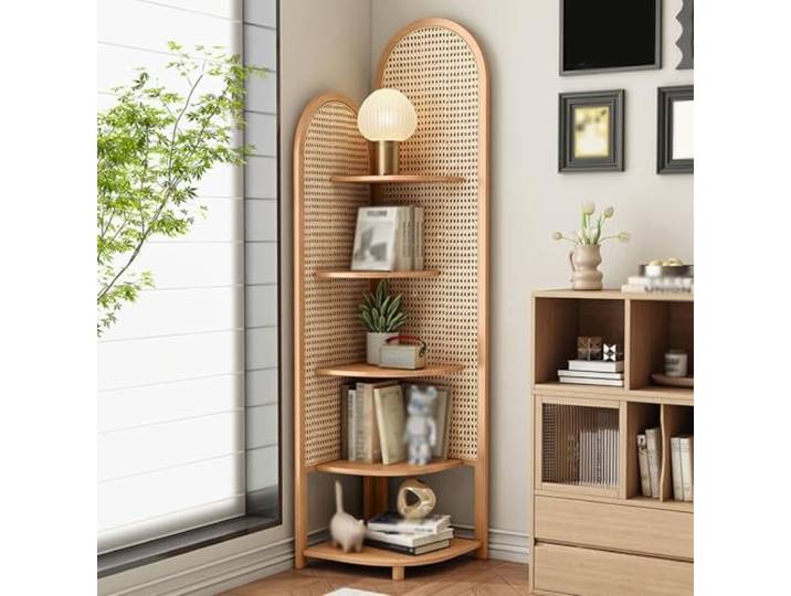 Dexinhdh 5-stöckiges Eckregal Aus Rattan, Mehrstöckiger Eck-Organizer Für Das Wohnzimmer, Bambus Kombiniert Mit Rattan, Großzügige Arbeitsfläche, Passt In Enge Räume(C)
