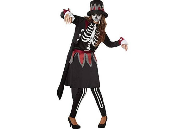 dressforfun 900510 - dameskostuum griezelige schedel lady, verkleedkostuum in schedel look incl. hoed met satijnen lint (XXL nr. 302416)