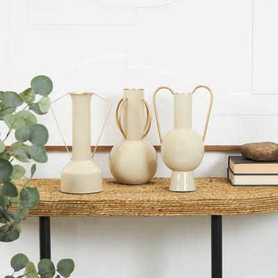 CosmoLiving by Cosmopolitan Light Blue or Cream Metal Abstract Vase with Varying Shapes and Geometric Gold Handles (Set of 3)