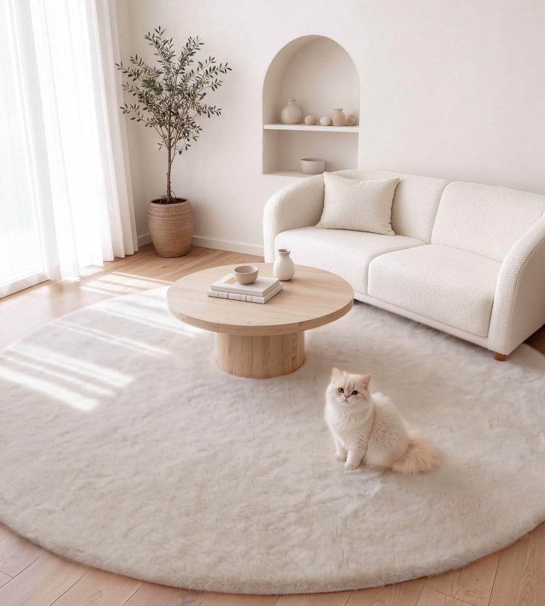 ShopVlot Rond Vloerkleed van Pluizig Kunstbont met Konijnenvacht-look, Diameter: 90 cm