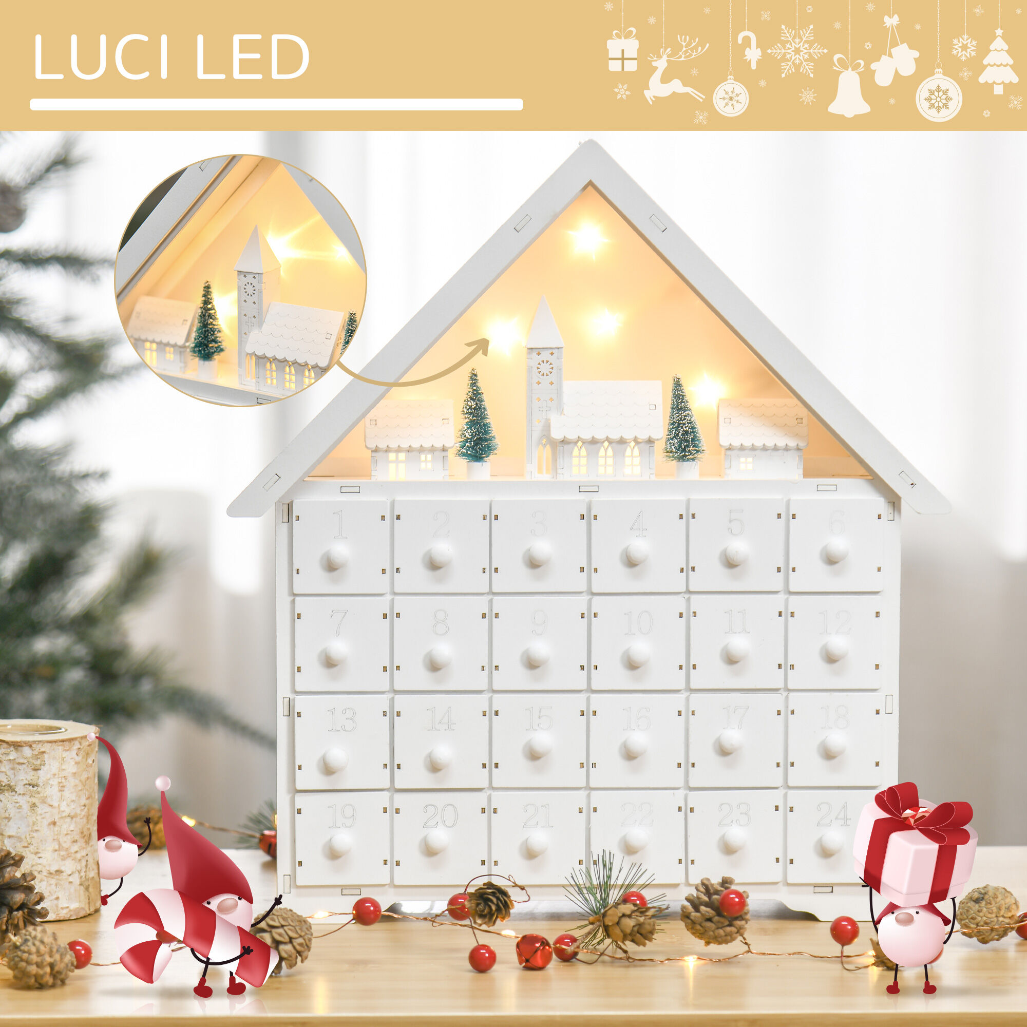 Altro Calendario Dell'avvento In Legno Da Riempire Con 24 Cassetti E Villaggio Di Natale Con Alberi E Luci, 39x9x42cm