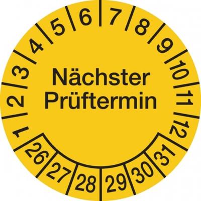 König Werbeanlagen Prüfplakette ab 26, Nächster Prüftermin, Folie, gelb/schwarz, Ø 60 mm - Bogen = 4 Plaketten - 60 mm Folie selbstklebend