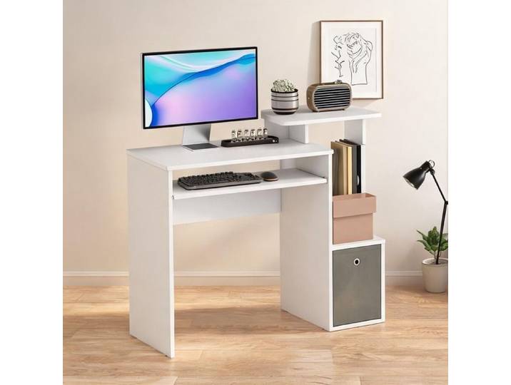Bureau informatique compact en panneaux de particules blanc et gris avec tablette coulissante et rangements