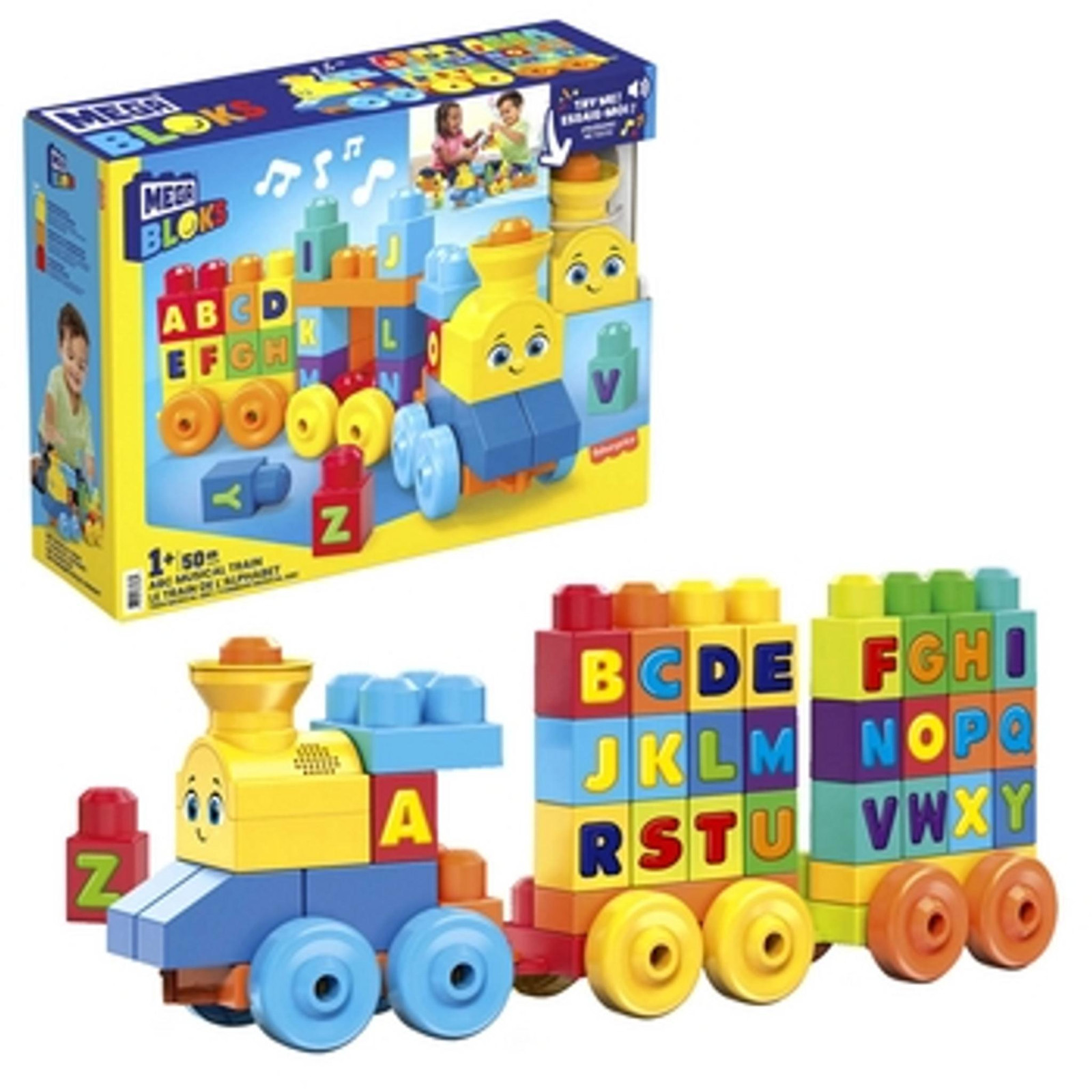 Mattel Mega Bloks ABC Muziektrein met geluidseffecten en 50 onderdelen