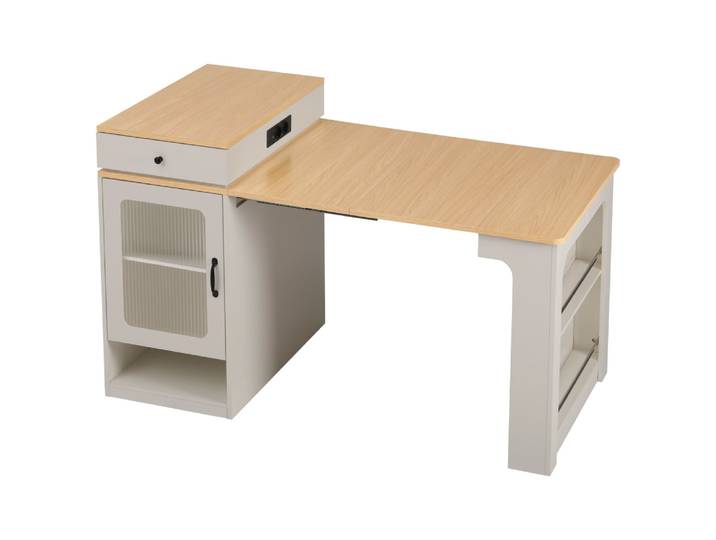Table extensible blanche et bois avec rangements et prise USB