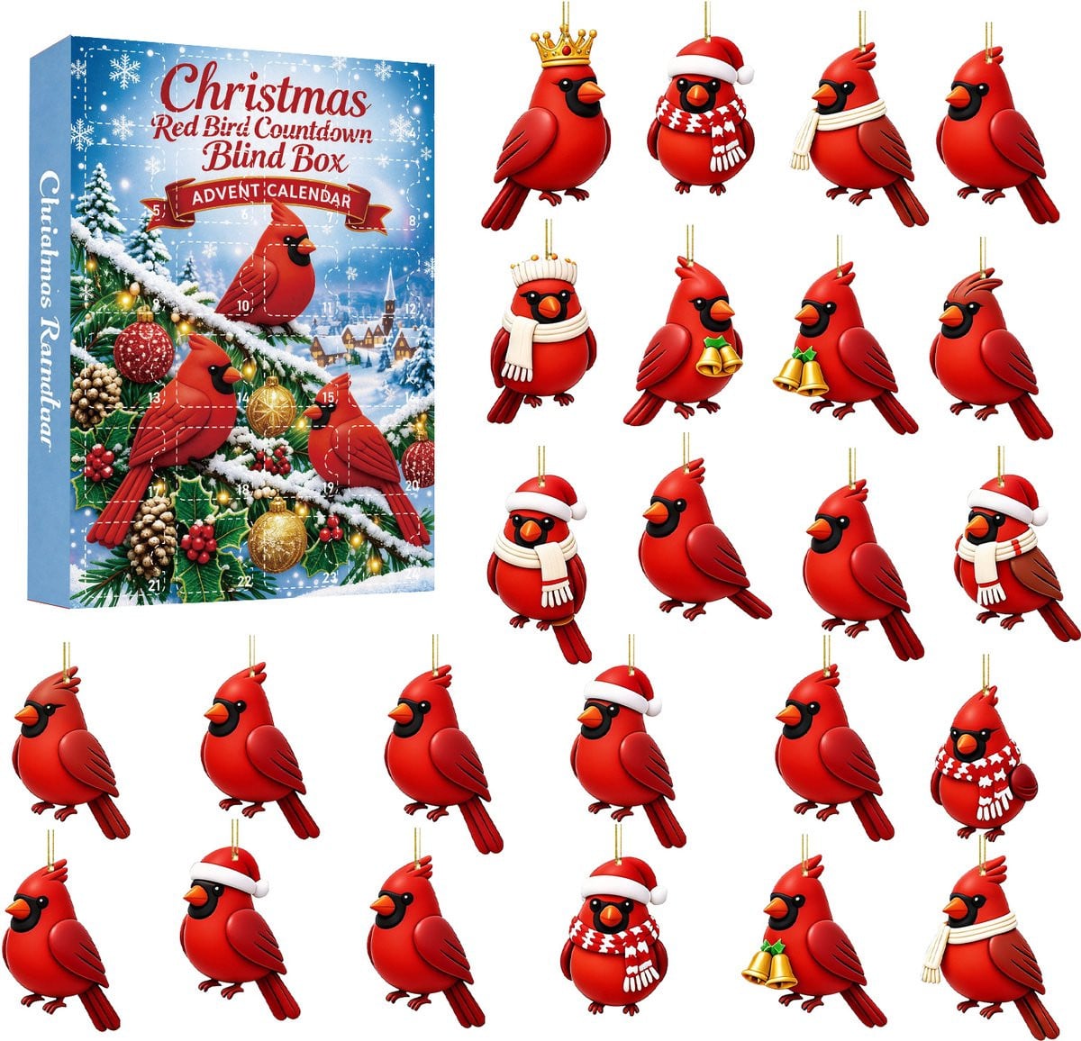 Blind box met kerstaftelkalender en kardinaalvogel in vintagestijl – Acrylornament in cartoonstijl