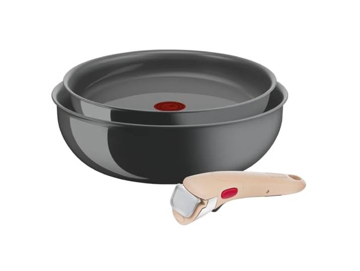 Lagostina Ingenio Vivissima, Set Pfanne 24 cm und Wok 26 cm aus Keramik, antihaftbeschichtet, mit abnehmbarem Griff, Beige, Thermo-Signal-Technologie, für alle Wärmequellen