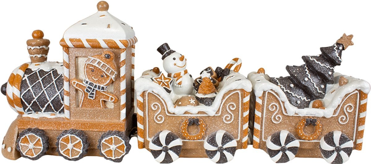 Viv! Christmas Kerstbeeld Gingerbread Trein met Sneeuwpop - Bruin, Wit, Zwart - 45 x 19 cm