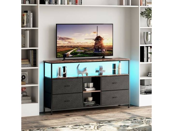 Meuble TV avec rangements 108 cm - Meuble TV Noir avec 4 Tiroirs en Tissu Étagère Ouverte & Éclairage LED