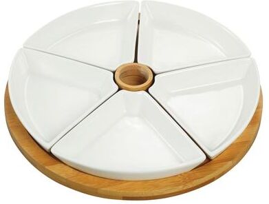 Elama Stoneware and Bamboo Sectioned Appetizer Serving Tray 6 Piece Set