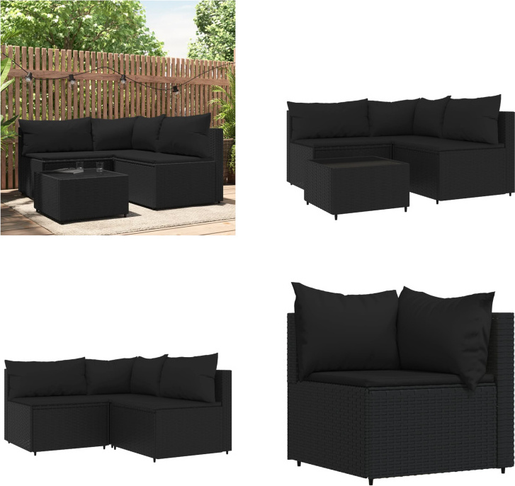 vidaXL 4 tlg. Garten Lounge Set mit Kissen Schwarz Poly Rattan - Garten Lounge Set - Garten Lounge Sets - Outdoor Lounge Set - Lounge Set Terrasse
