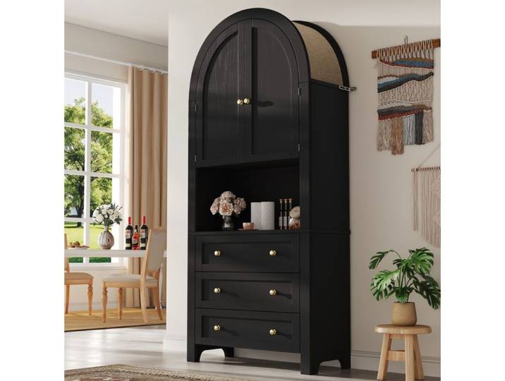 COVREO Buffet de cuisine haut 70x35x180 cm noir 3 tiroirs 2 portes niche ouverte MDF