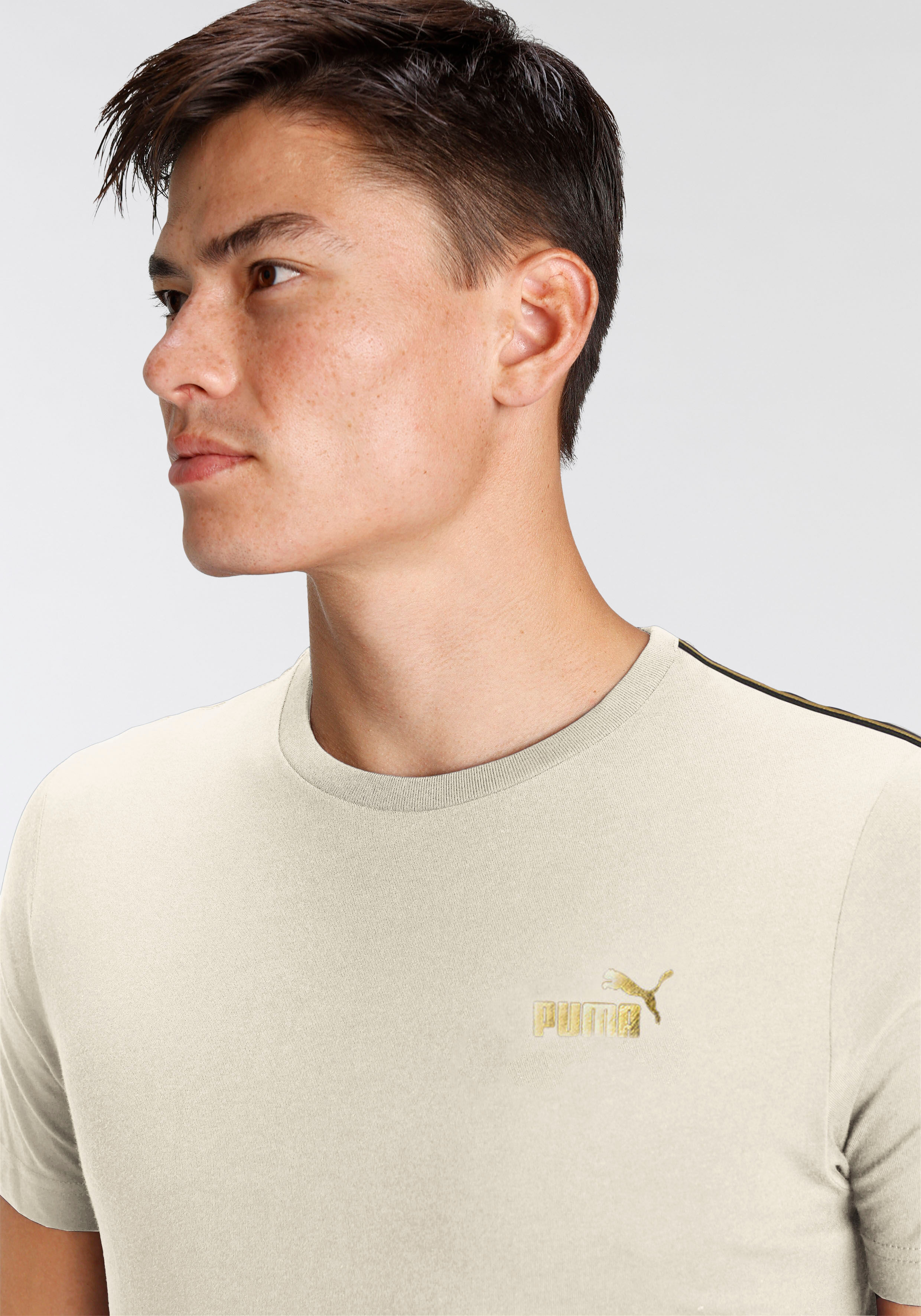 T-Shirt PUMA "ESS TAPE MINIMAL GOLD TEE", Herren, Gr. XXL, weiss (alpine snow), Jersey, Obermaterial: 100% Baumwolle, unifarben, regular fit normal, Rundhals, Shirts T-Shirt, regular fit, sportlicher Stil, Rundhalsausschnitt alpine snow XXL