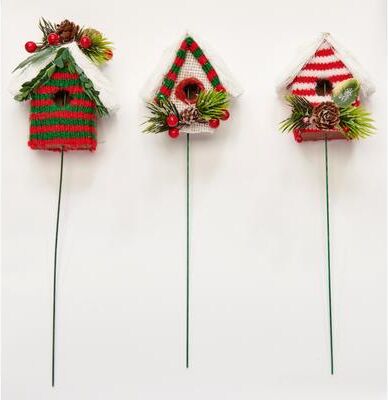 Worth Imports "3"" Holiday Decorated Birdhouse on 7"" Pick, 3 Assorted, Set of 6"